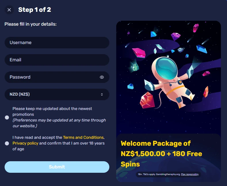 Screenshot of the Galactic Wins registration panel, step 1 of 2